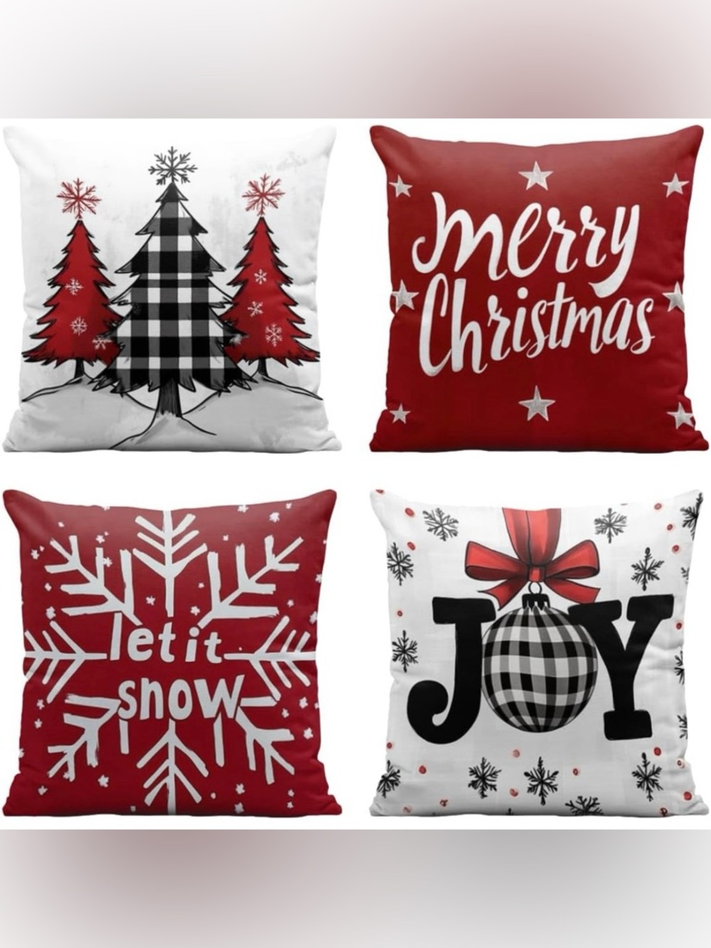 NEW Set of 4 Red Black & White Christmas Pillow Covers w/ Zipper - 18”x18”